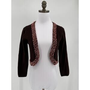 Subtle Luxury Brown Cashmere Beaded Trim Hook Eye Closure Bolo Sweater